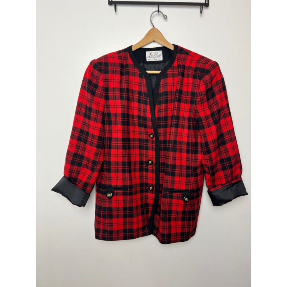 Le Suit Vintage Red Black Plaid Wool Blend Blazer Gold Crest Button Jacket L